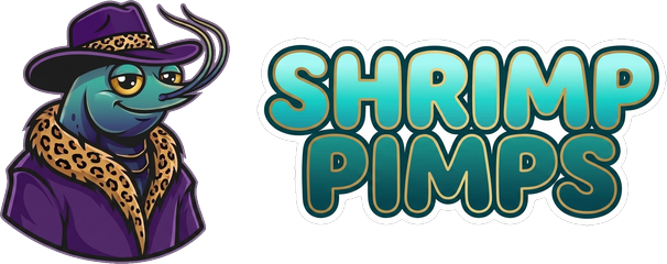 Shrimp Pimps — a shrimp in a purple pimp hat and jaguar collar beside the wordmark