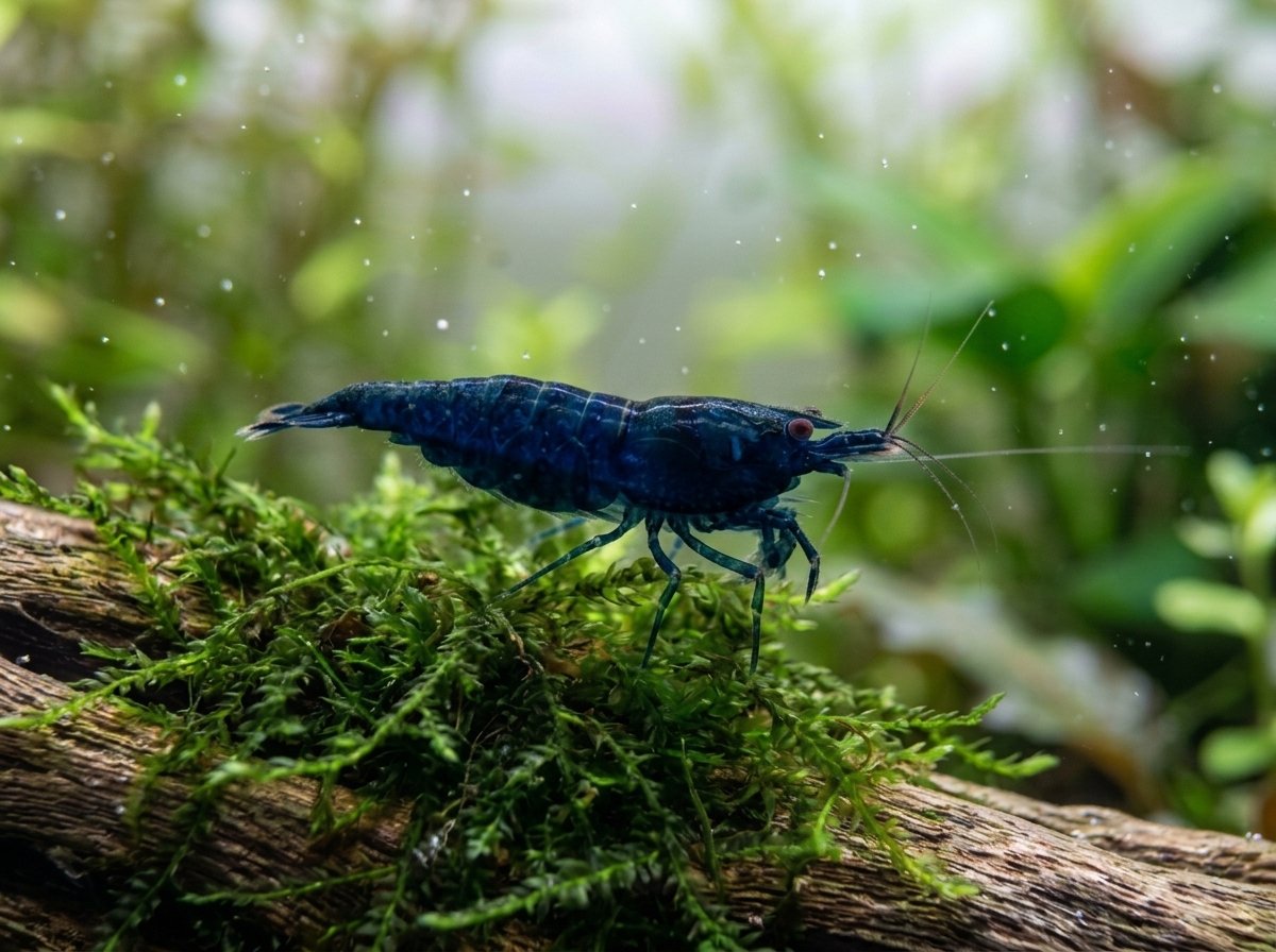 A Blue Dream neocaridina shrimp on java moss